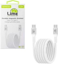 LIME USB-C TYPE C TO USB-C TYPE C 6A ΦΟΡΤΙΣΗΣ-DATA DURABLE MAGNETIC BRAIDED 1.2m LBMCC03 120W WHITE