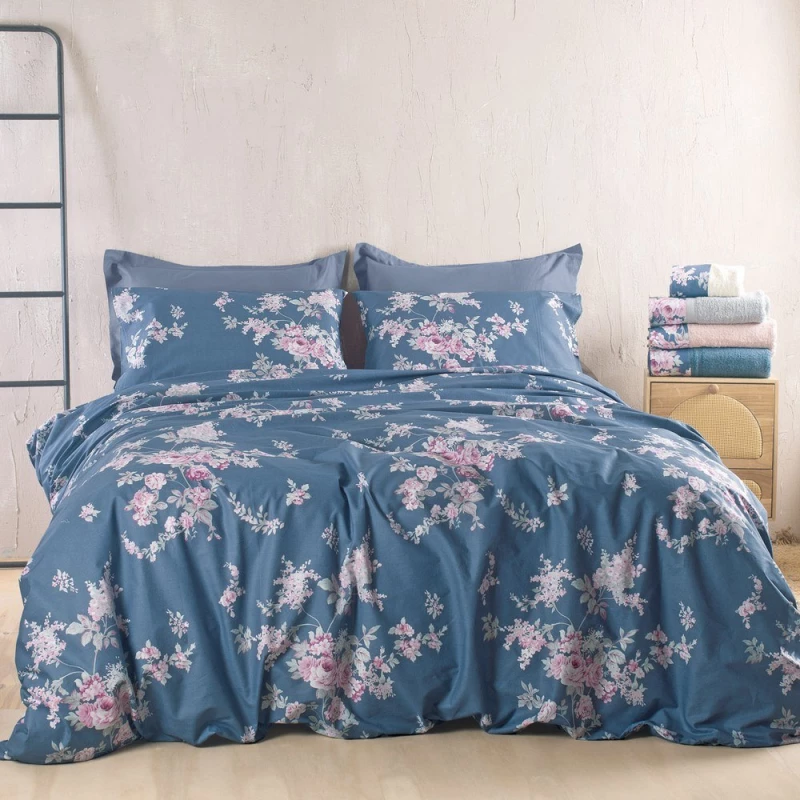 Πάπλωμα Springtime (Σετ 3τμχ) Dark Blue Rythmos Υπέρδιπλo 220x240cm 100% Βαμβάκι