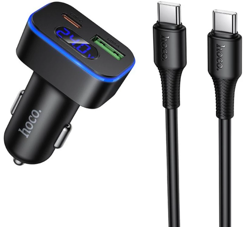 Hoco Z63B Φορτιστής αυτοκινήτου USB A + USB Type-C PD QC3.0 48W + καλώδιο USB Type-C σε USB Type-C  μαύρο