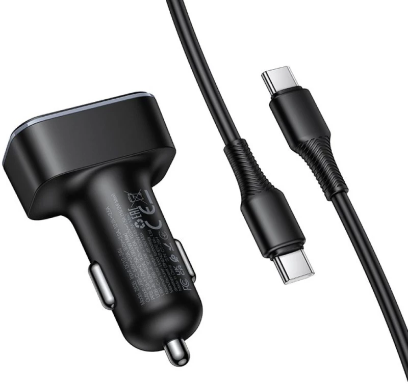 Hoco Z63B Φορτιστής αυτοκινήτου USB A + USB Type-C PD QC3.0 48W + καλώδιο USB Type-C σε USB Type-C  μαύρο