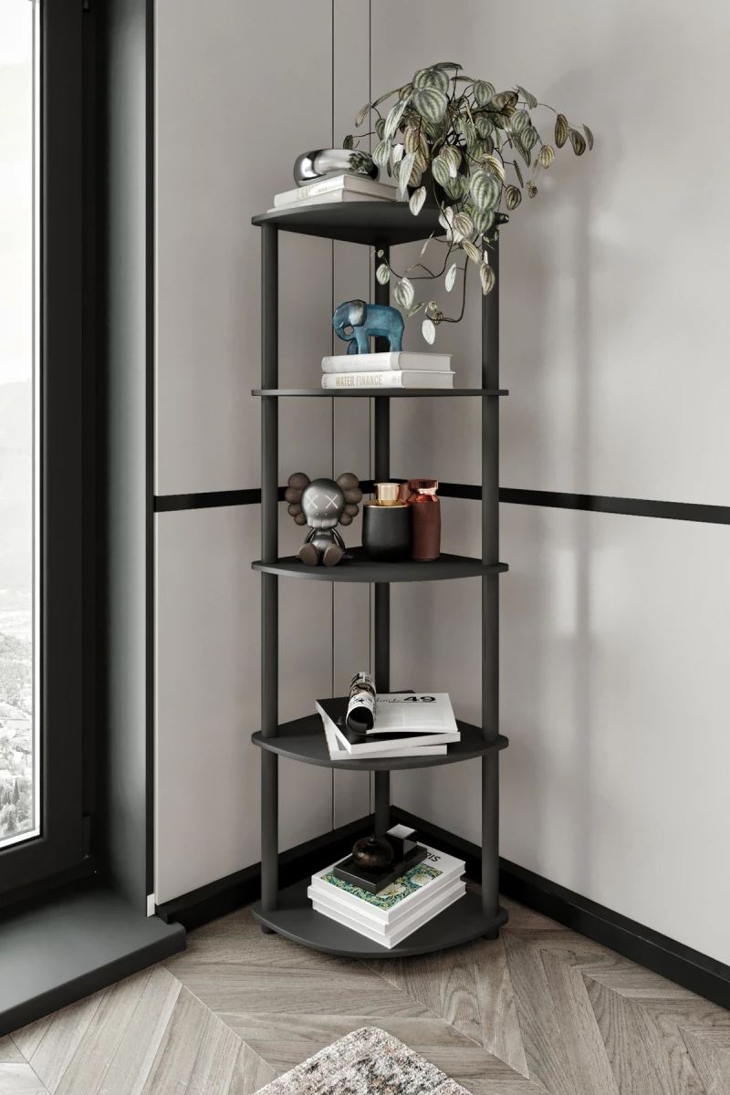 Stewehome Γωνιακή βιβλιοθήκη 5 επιπέδων από MDF Μαύρο 34x160x34 cm