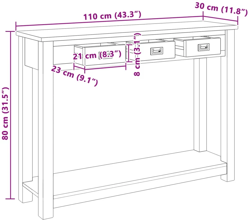 vidaXL Τραπέζι κονσόλας Φυσικό 110 x 30 x 80 εκ Στερεό Ξύλο Τίκ