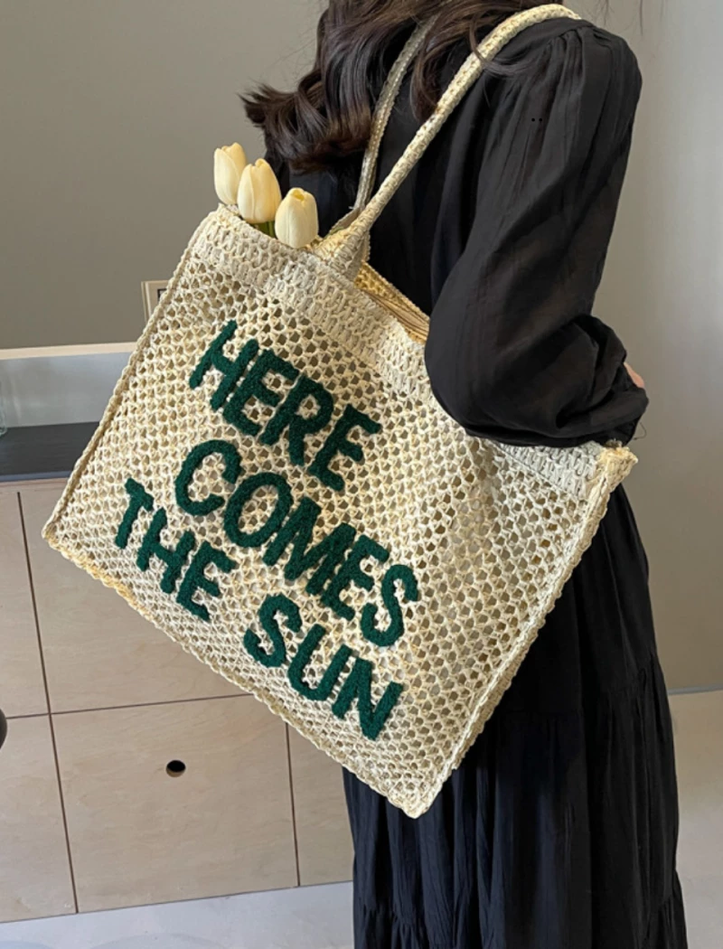 Γυναικεία Ψάθινη Τσάντα Ώμου "Here Comes The Sun" 527549-Μπεζ