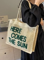 Γυναικεία Ψάθινη Τσάντα Ώμου "Here Comes The Sun" 527549-Μπεζ