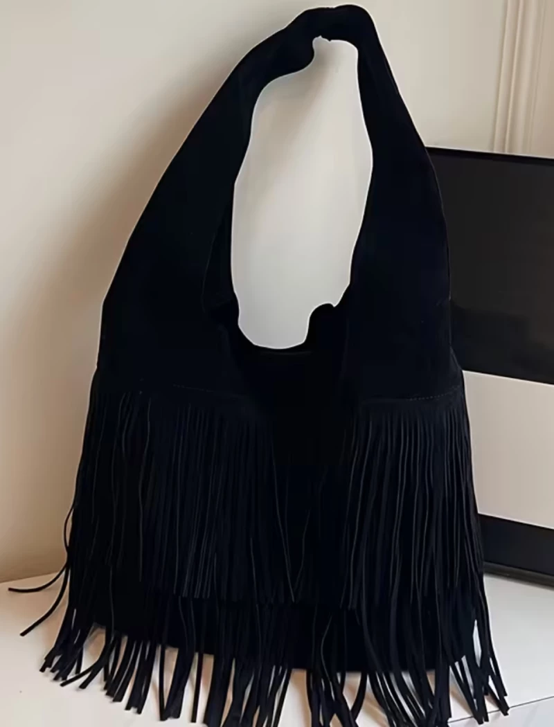 Γυναικεία Τσάντα Ώμου Boho με Κρόσσια 527620-Μαύρο