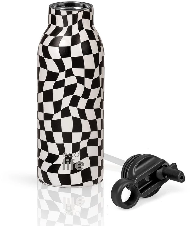 Ανοξείδωτο Παγούρι Θερμός με Καλαμάκι Ecolife 550ml - Black & White