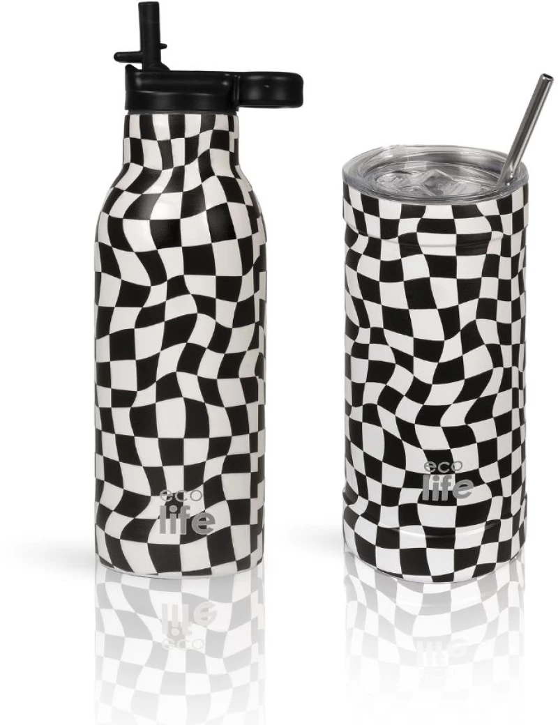 Ανοξείδωτο Παγούρι Θερμός με Καλαμάκι Ecolife 550ml - Black & White