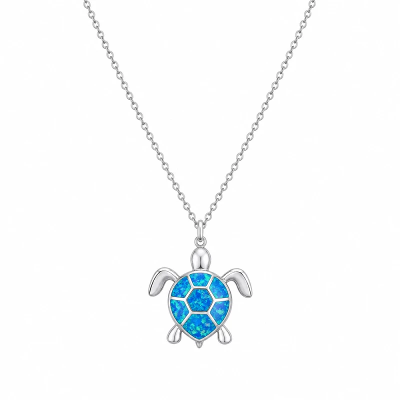 Γυναικείο Κολιέ Χελώνα Στυλ Blue Opal σε Ασημί Χρώμα