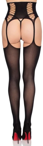 LEG AVENUE - 1968 STOCKINGS WITH ATTACHED GARTER BELT BLACK - ONE SIZE