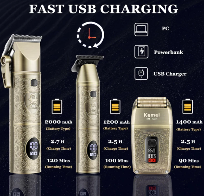 Kemei KM-2235 Μηχανή & Trimmer & Shaver Set Επαναφορτιζόμενη Χρυσή