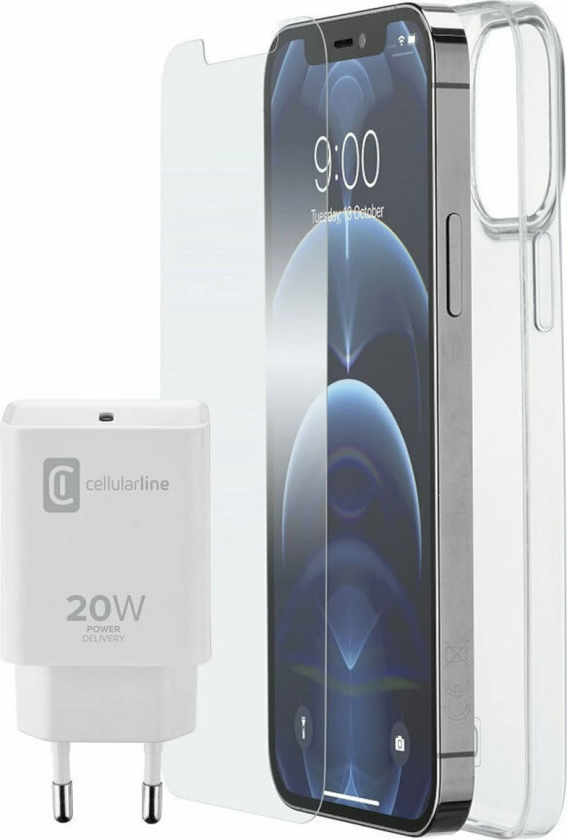 Cellular Line Starter Kit 413933 με Back Cover Σιλικόνης Διάφανο & Tempered Glass & USB-C Wall Adapter 20W (iPhone 12 Pro Max)