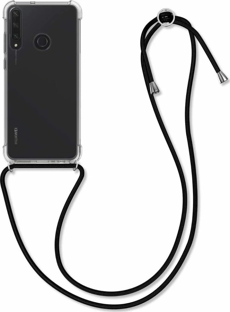 Huawei Y6P - Crossbody Back Cover Σιλικόνης Διάφανο με Κορδόνι- Black (oem)