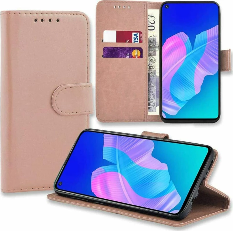 Huawei P40 Lite E – Δερμάτινη Αναδιπλούμενη Book Case με Ενσωματωμένη Θήκη Σιλικόνης – Gold Rose (oem)
