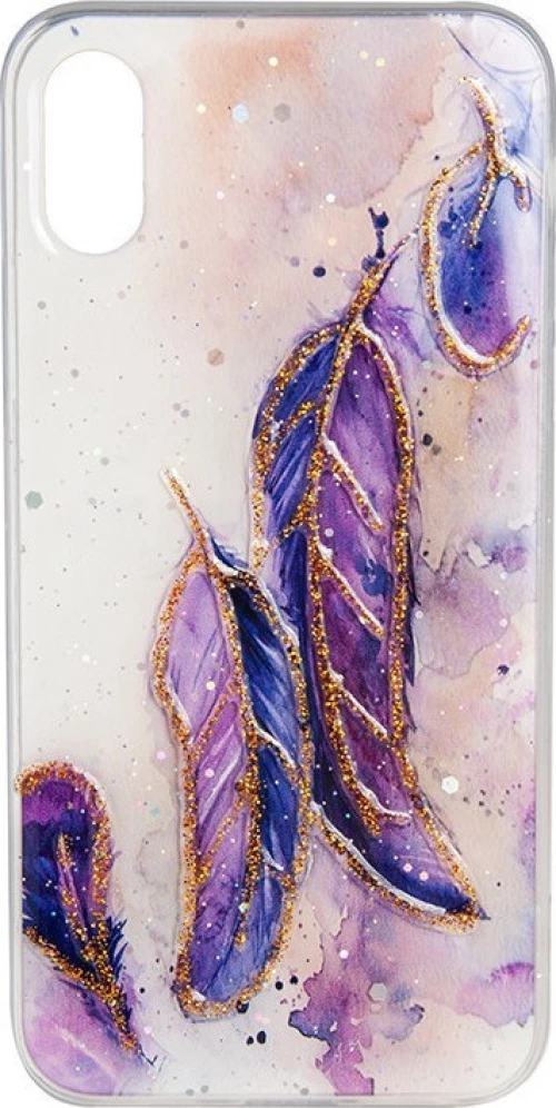 ΘΗΚΗ TPU SILICONE CASE ΓΙΑ IPHONE X/XS CLEAR 3D ΜΕ ΣΧΕΔΙΟ PURPLE FEATHER 100.345
