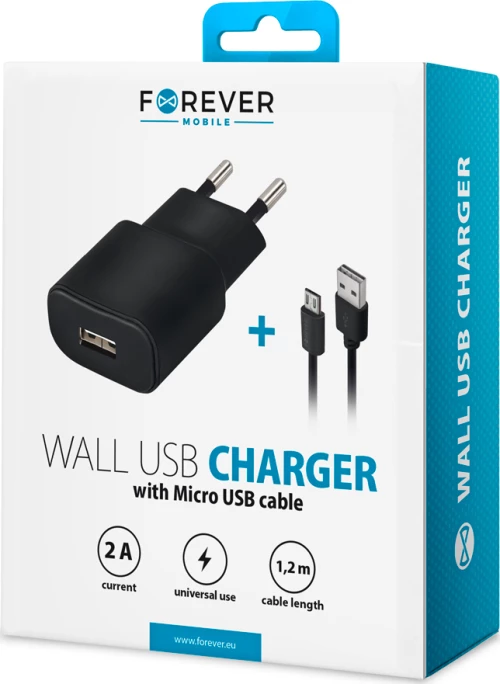 Forever micro USB Cable & USB Wall Adapter Μαύρο (TC-01)