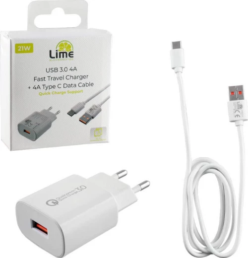 Lime USB-C Cable & USB Wall Adapter Λευκό (LTU24)