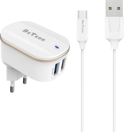 De Tech Micro USB Cable & 2x USB-A Wall Adapter Λευκό (DE-15)