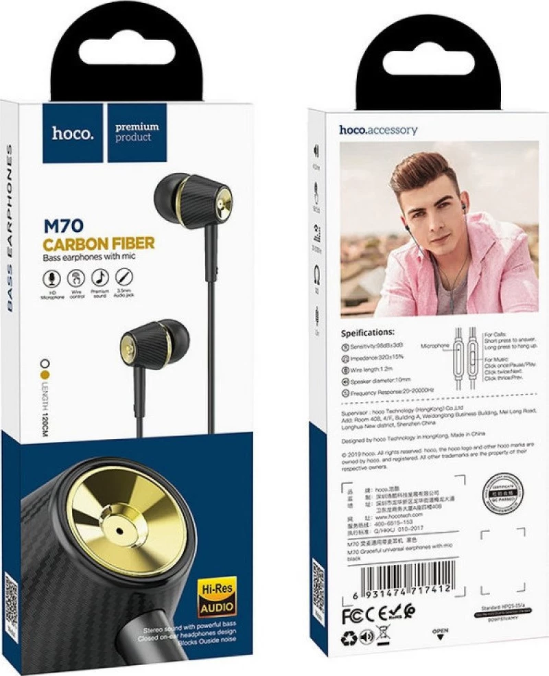Hoco M70 Graceful In-ear Handsfree με Βύσμα 3.5mm Μαύρο