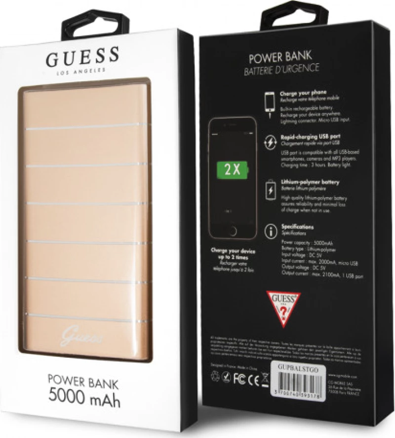 Guess Power Bank Aluminum Gold Stripes Pattern 5000mAh - GUPBALSTGO