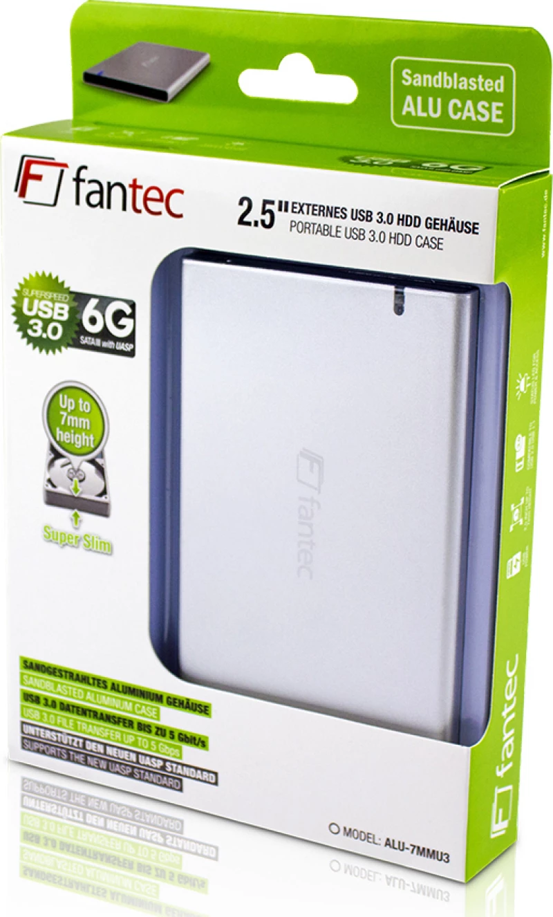 Fantec Alu7Mmu3 Silver Aluminium 2,5 Sata, Usb 3.0, 7Mm