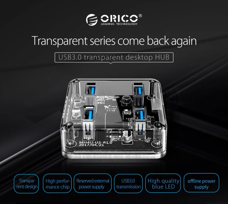 Orico Usb 3.0 Hub Mh4U-U3, 4X Usb3.0, 5Gbps, Διάφανο