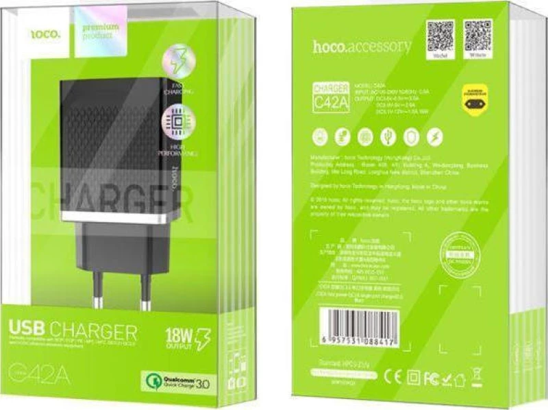 Hoco USB Wall Adapter Μαύρο (C42A)