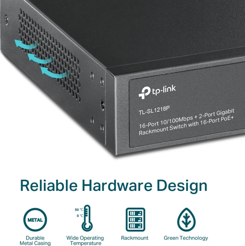 TP-LINK 16-Port 10/100 Mbps + 2-Port Gigabit Rackmount PoE Switch with 16-Port PoE+