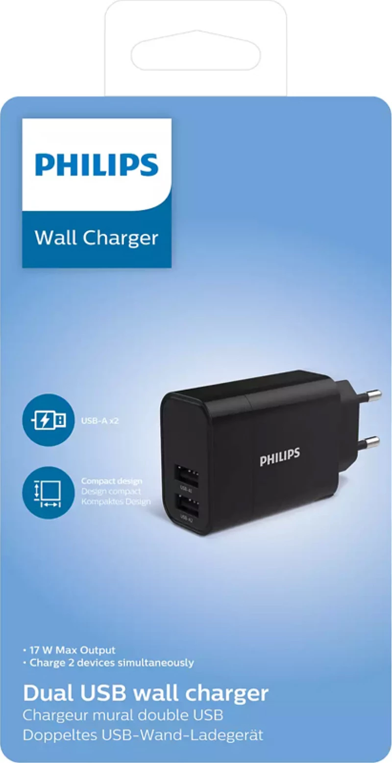 Philips 2x USB-A Wall Adapter Μαύρο (DLP2620/12)