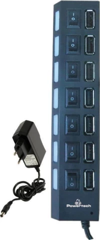 Powertech Usb 2.0 Hub Pt-111, 7 Θύρες + Μετασχηματιστής Ρεύματος