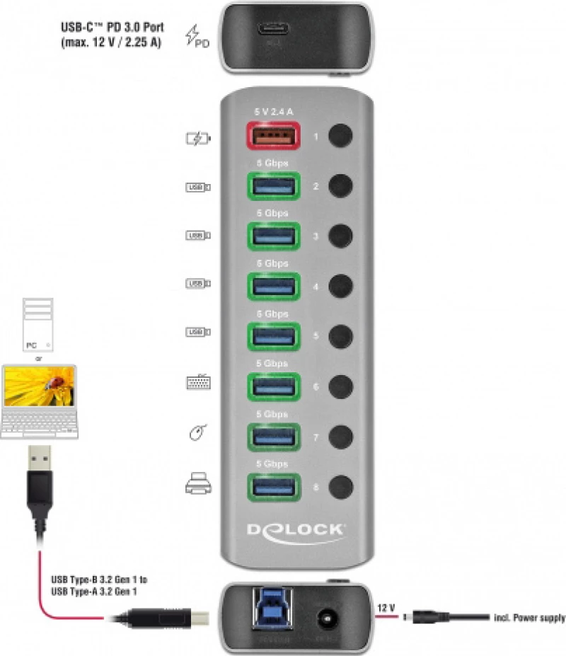 DeLock 9 Port USB 3.2 Gen 1 Hub with 1x USB Type-C PD 3.0 Port
