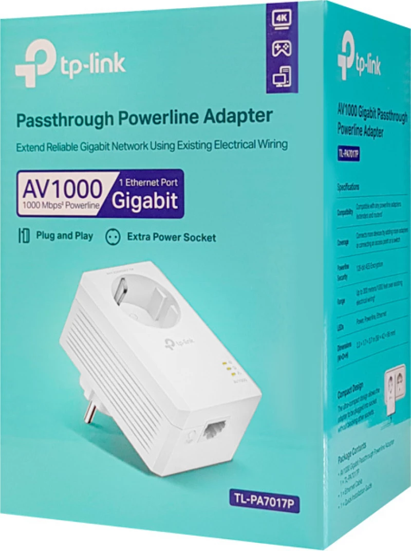 Tp-Link Powerline Tl-Pa7017P, Passthrough, Av100 Gigabit, Ver. 4.0