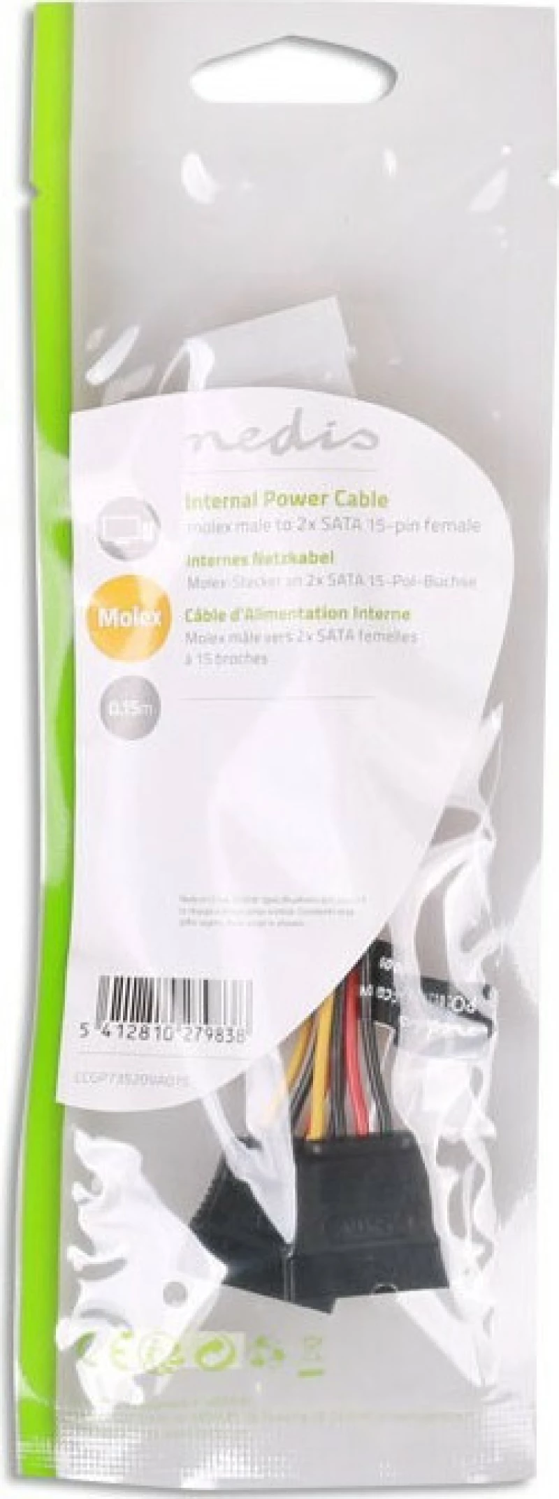 Nedis 4 Pin Molex male - 2x 15 Pin Sata female Cable 0.15m (CCGP73520VA015)
