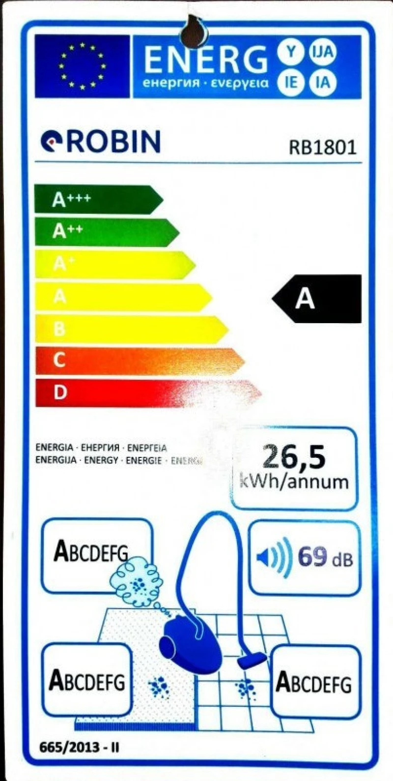 Robin RB-1801 Ηλεκτρική Σκούπα 700W με Σακούλα 3lt Grey