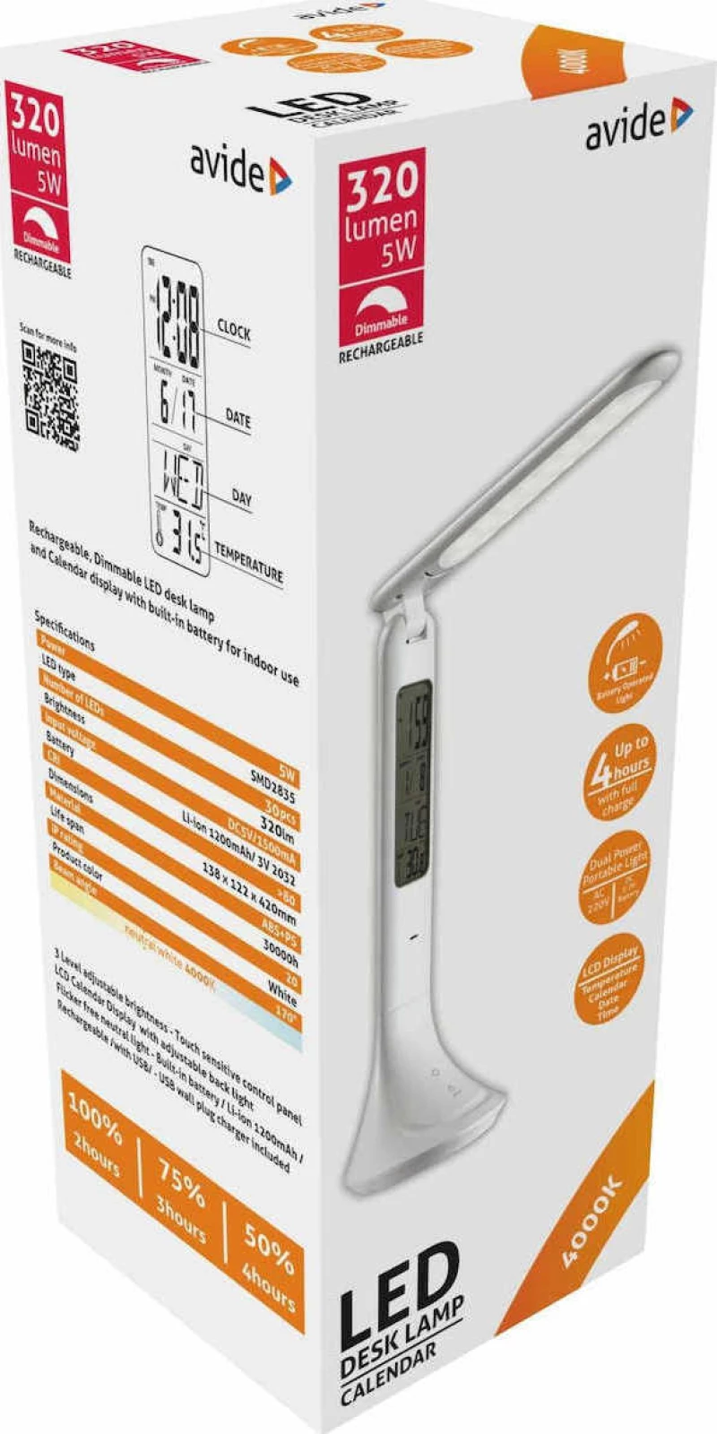Avide Φωτιστικό Γραφείου LED 5W 320lm 4000K με Ημερολόγιο Λευκό