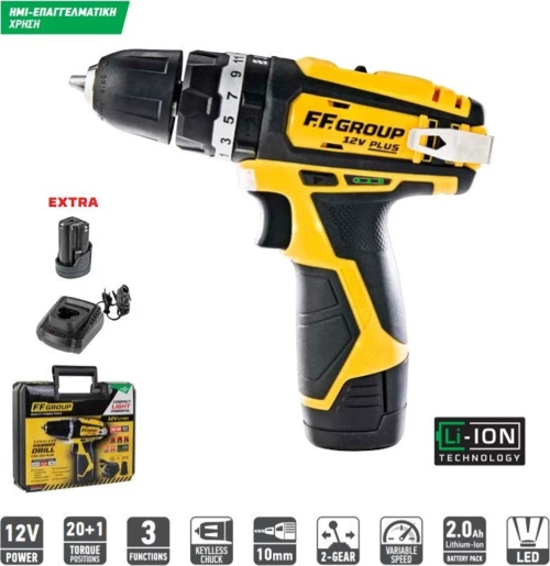 F.F. Group CHD 12V Plus Κρουστικό Δραπανοκατσάβιδο Μπαταρίας 12V 2x2Ah