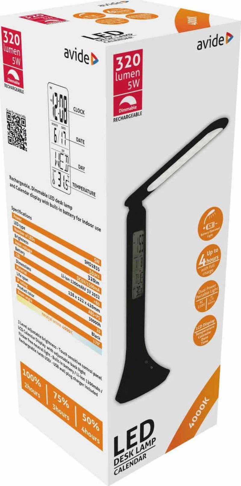Avide Φωτιστικό Γραφείου LED 5W 320lm 4000K με Ημερολόγιο Μαύρο