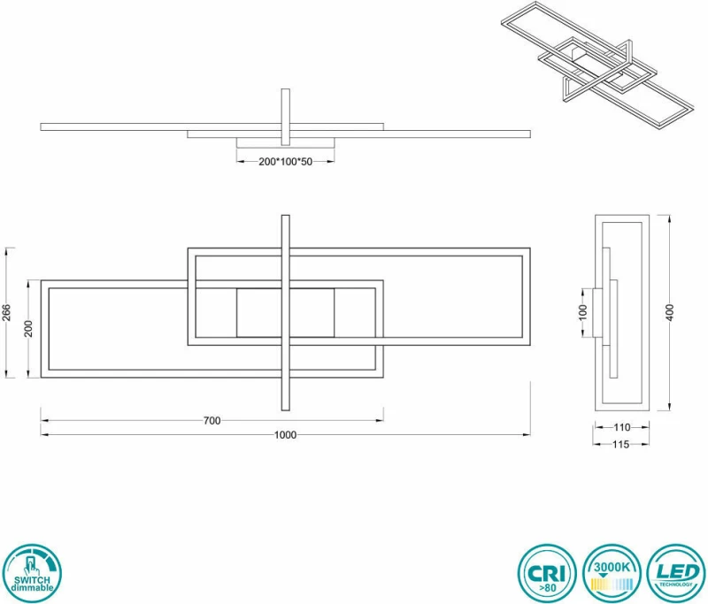 Trio Lighting Salinas Πλαφονιέρα Οροφής Ασημί από Μέταλλο Νίκελ Ματ