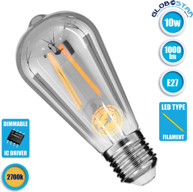 GloboStar Edison Retro Λάμπα LED για Ντουί E27 και Σχήμα ST64 Θερμό Λευκό 1000lm Dimmable