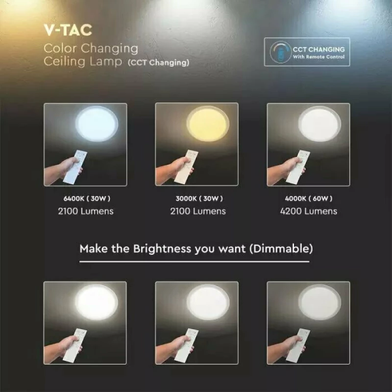 Vtac Πλαφονιέρα Led Designer 20W/40W/20W Στρογγυλή Dimmable 3 Σε 1 Vtac14941
