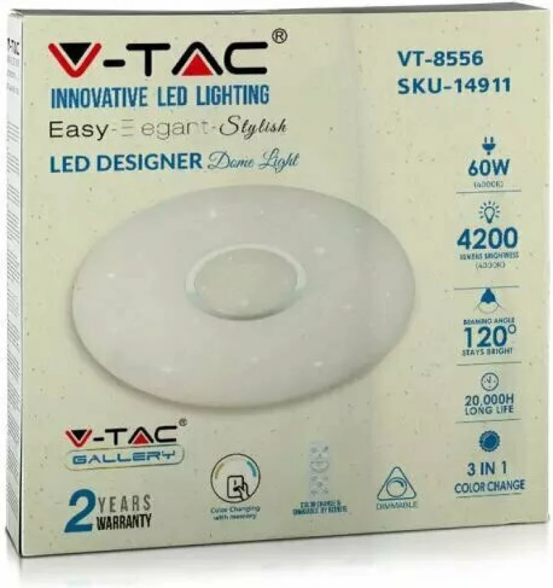 Vtac Πλαφονιέρα Led Designer 20W/40W/20W Στρογγυλή Dimmable 3 Σε 1 Vtac14941