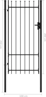 vidaXL Καγκελόπορτα Μονή με Ακίδες Μαύρη 200x100cm 145746