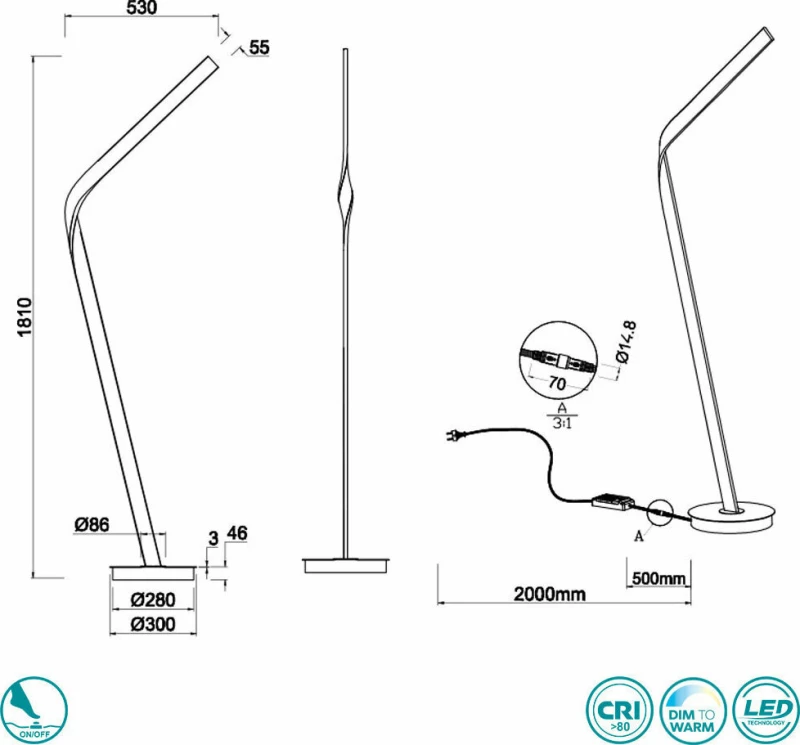 CInque Cicenza Φωτιστικό Δαπέδου Μαύρο με Ύψος 181cm Μαύρο Ματ