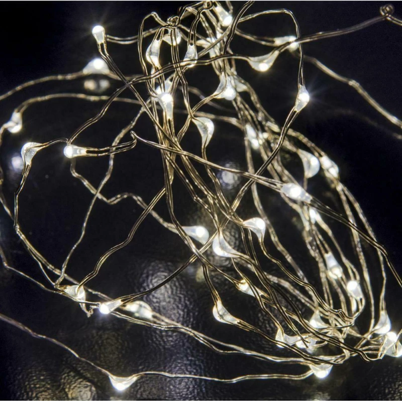 100 Λαμπάκια LED Θερμό Λευκό , Σειρά, Ασημί Καλώδιο Μπαταρίας 10m Iliadis