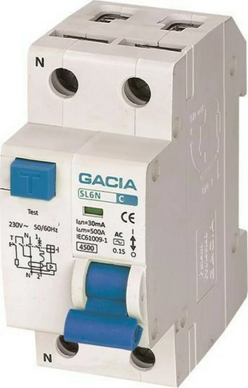 Gacia Ρελέ Ράγας Διαρροής 25A 4.5KA 30mA 1P+N Type AC 500-43504