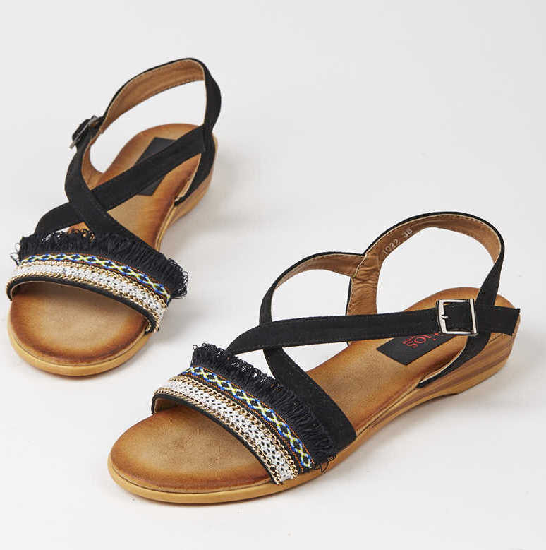Φλάτ Σανδάλι Με Boho Σχέδια Seriphos Μαύρο
