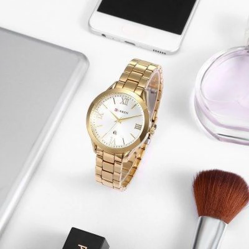 Curren 9007 Women Quartz Watch Calendar - Gold and White