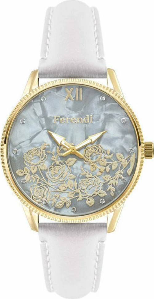 FERENDI Posy Crystals White Leather Strap