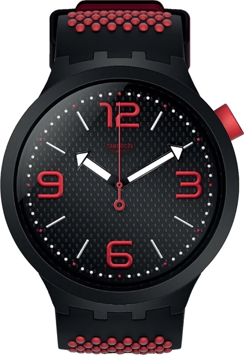 Swatch Big Bold So27B102 Black Plastic Case, With Red Rubber Strap