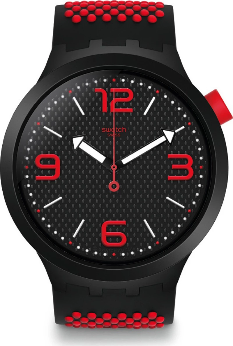 Swatch Big Bold So27B102 Black Plastic Case, With Red Rubber Strap