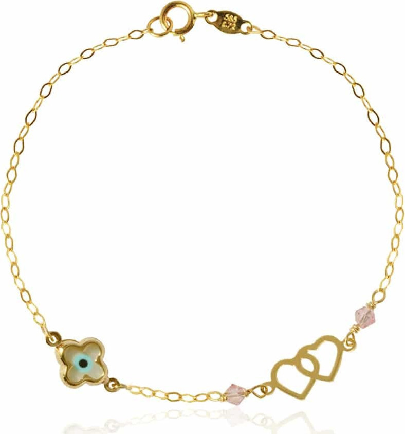 Βραχιόλι ματάκι και διπλή καρδιά Χρυσό 14Κ